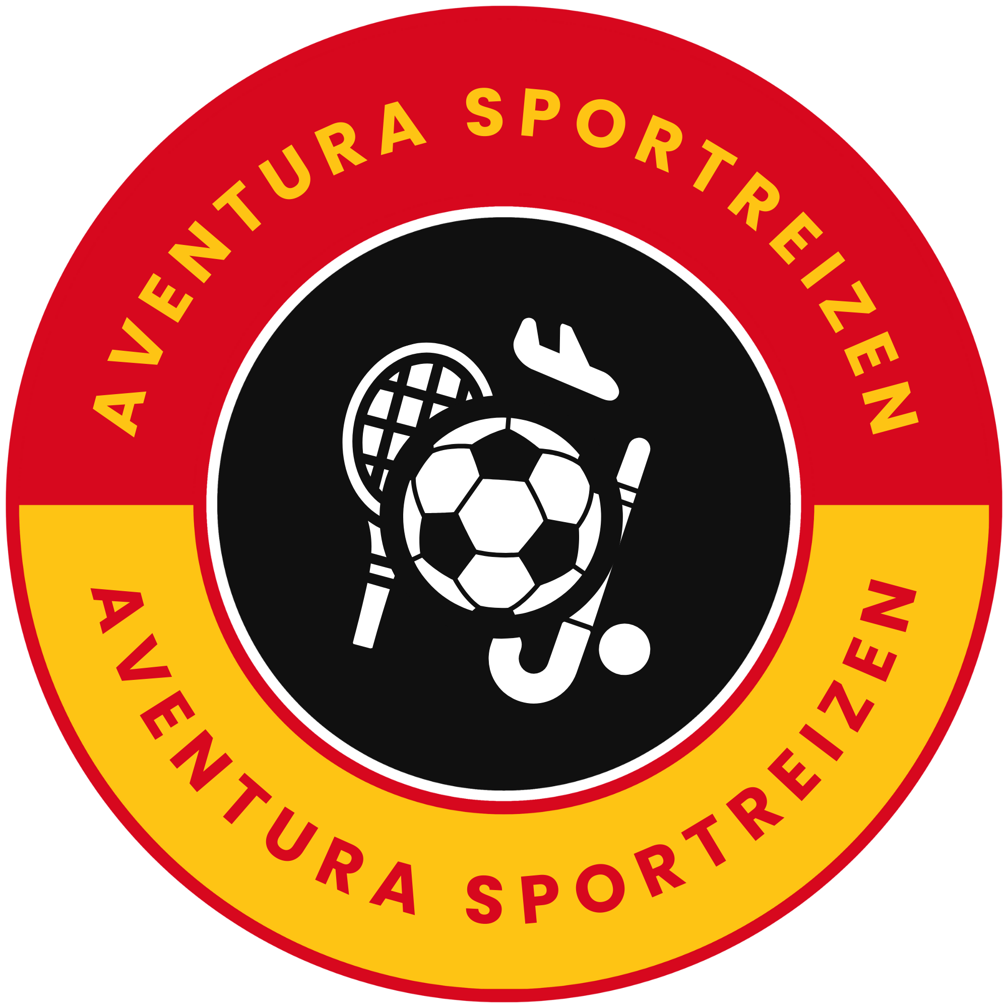 Aventura Sportreizen logo met iconen van voetbal, hockey, tennis, padel en een vliegtuig